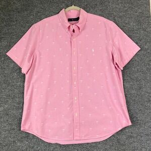 Ralph Lauren Mens Pink Palm Tree Embroidered Oxford Short Sleeve Button Down XL